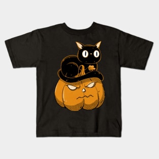 Black cat on halloween pumpkin Kids T-Shirt